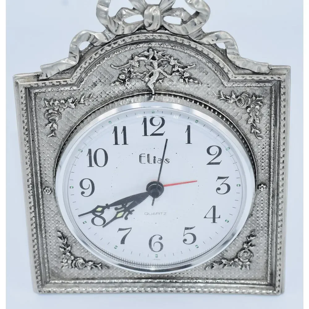 Elias-1990 Pewter 925 Fine Silver Art Nouveau Ornate Alarm Clock